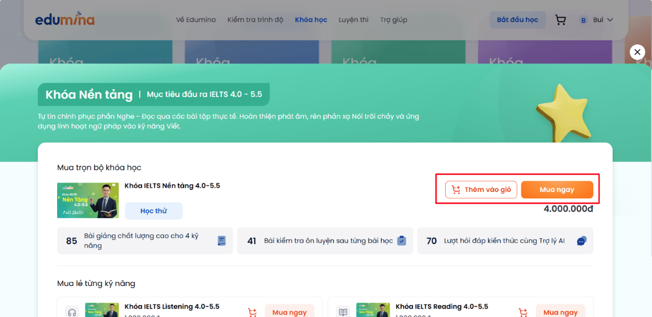 Chọn Thêm vào giỏ hàng hoặc Mua ngay