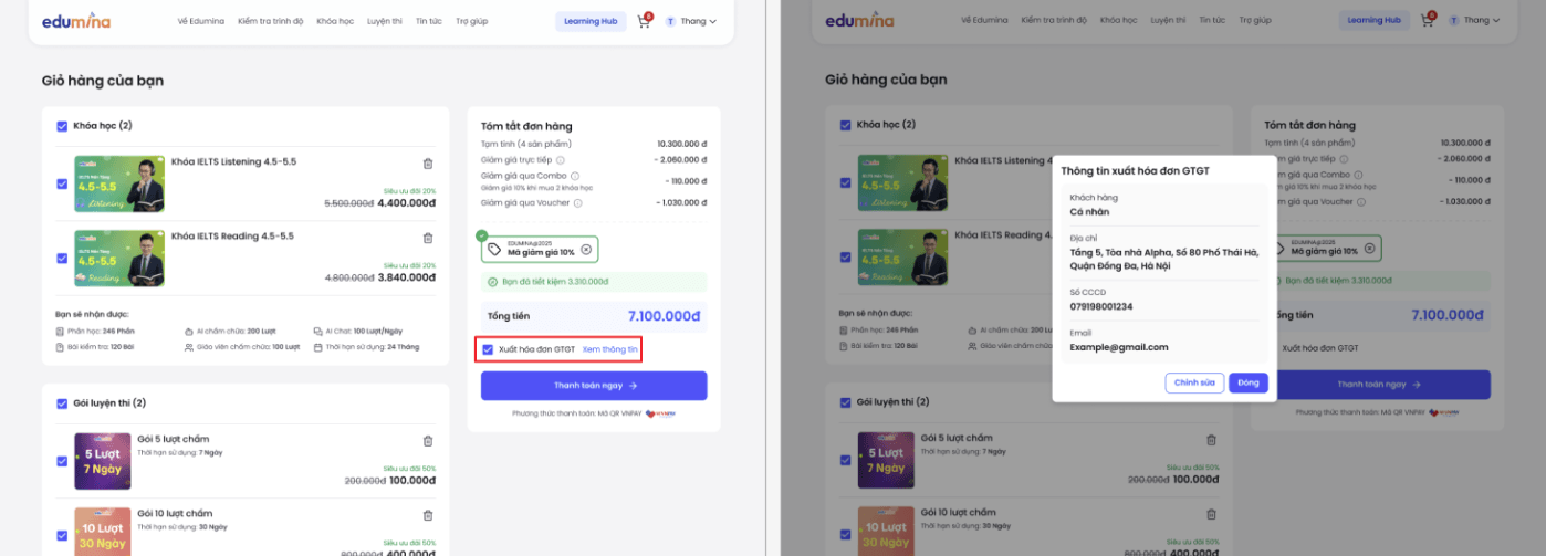 Popup thông tin xuất hóa đơn GTGT