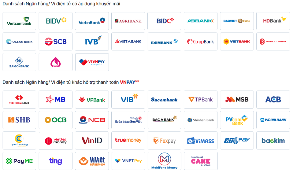 Danh sách ngân hàng/ Ví điện tử hỗ trợ thanh toán và khuyến mãi với VNPAY
